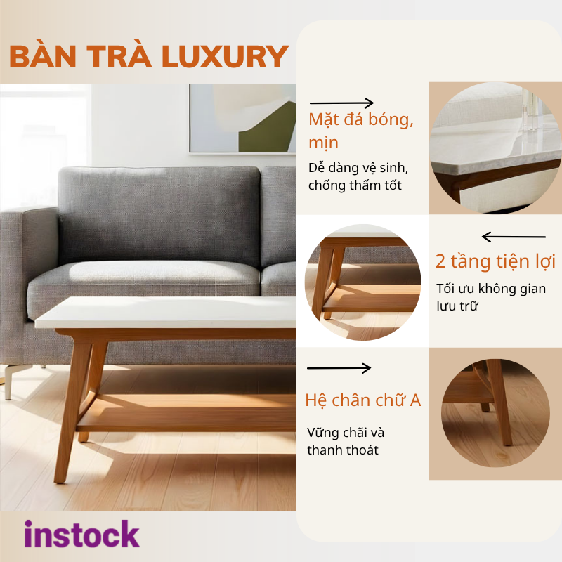 Bàn trà chân gỗ mặt đá Luxury