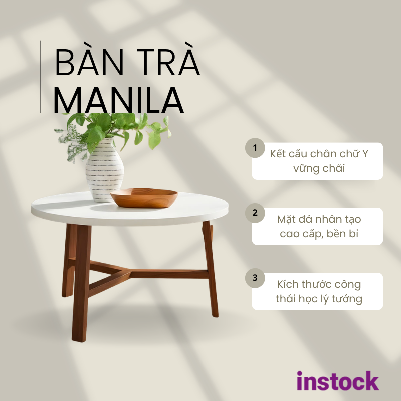 Bàn trà chân gỗ mặt đá Manila