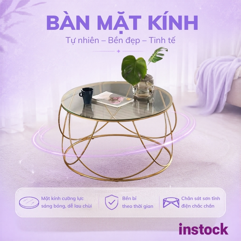 Bàn trà chân sắt mặt kính Kuma