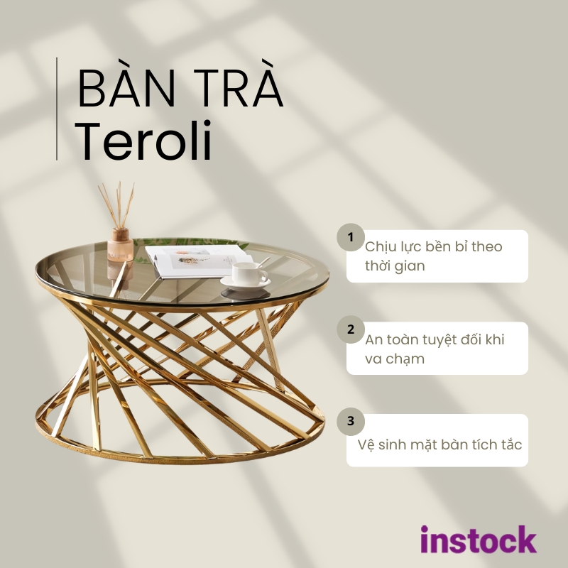 Bàn trà chân sắt mặt kính Teroli